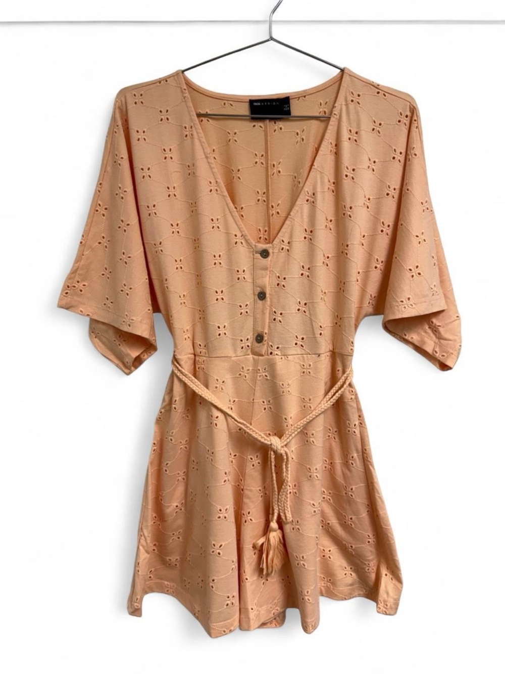 ASOS DESIGN broderie button front rope tie shorts romper in peach 1 piece